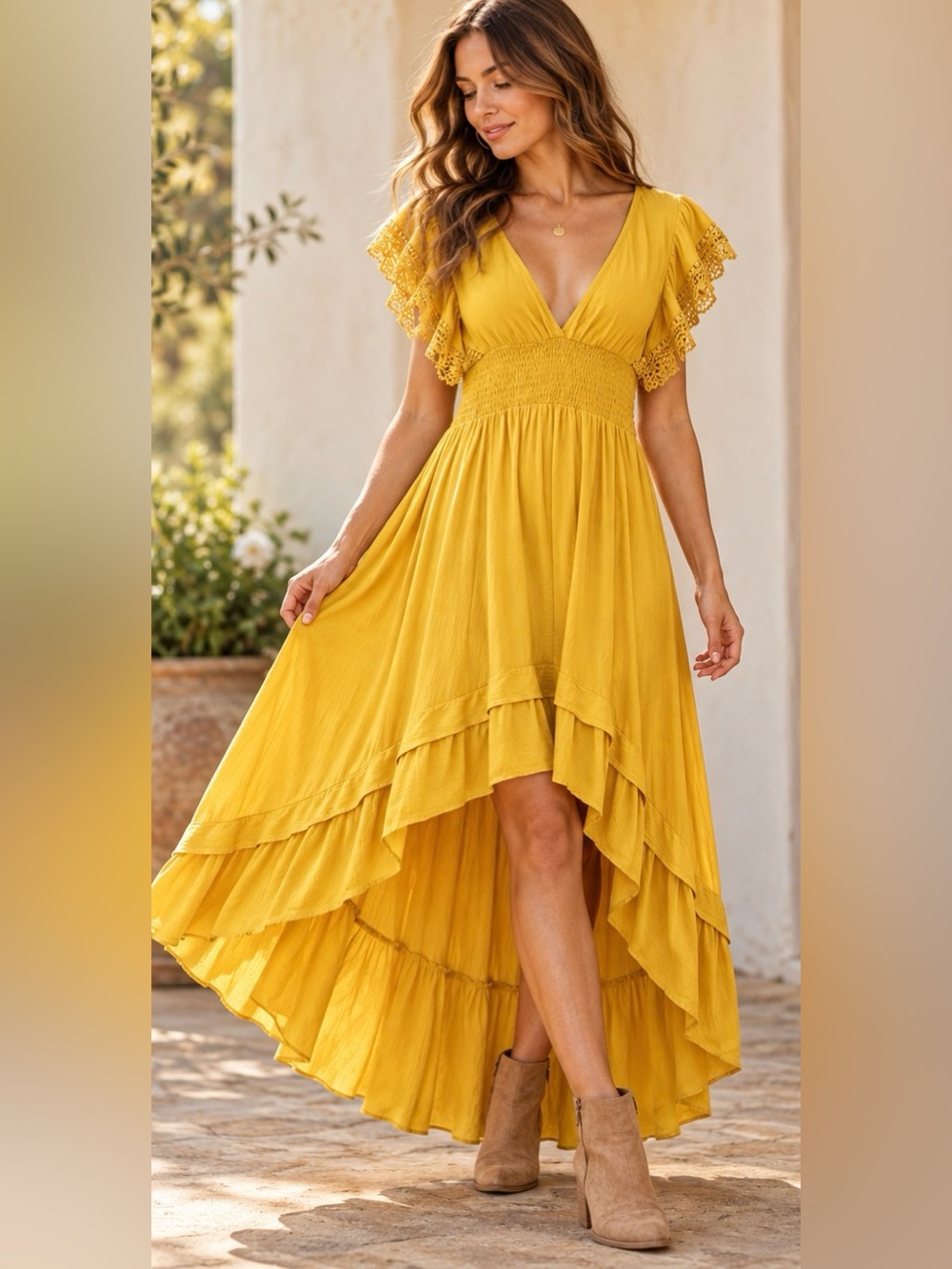 Umgee Mustard Gold Boho Crochet Lace V Neck High Low Maxi Dress Size L